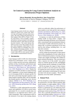 In-Context Learning for Long-Context Sentiment Analysis on
  Infrastructure Project Opinions