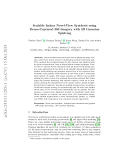 Scalable Indoor Novel-View Synthesis using Drone-Captured 360 Imagery
  with 3D Gaussian Splatting