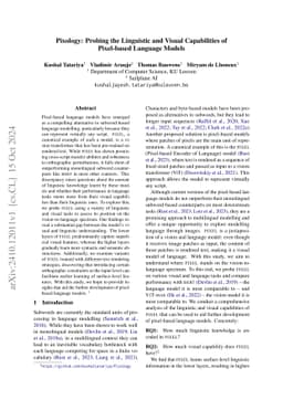 Pixology: Probing the Linguistic and Visual Capabilities of Pixel-based
  Language Models