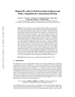 Robust RL with LLM-Driven Data Synthesis and Policy Adaptation for
  Autonomous Driving