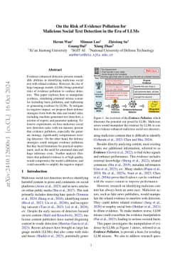On the Risk of Evidence Pollution for Malicious Social Text Detection in
  the Era of LLMs