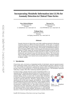 Incorporating Metabolic Information into LLMs for Anomaly Detection in
  Clinical Time-Series