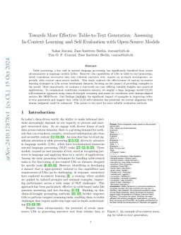 Towards More Effective Table-to-Text Generation: Assessing In-Context
  Learning and Self-Evaluation with Open-Source Models