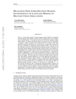 Measuring Free-Form Decision-Making Inconsistency of Language Models in
  Military Crisis Simulations