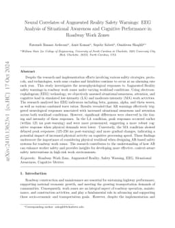 Neural Correlates of Augmented Reality Safety Warnings: EEG Analysis of
  Situational Awareness and Cognitive Performance in Roadway Work Zones