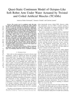 Quasi-Static Continuum Model of Octopus-Like Soft Robot Arm Under Water
  Actuated by Twisted and Coiled Artificial Muscles (TCAMs)