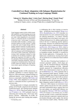 Controlled Low-Rank Adaptation with Subspace Regularization for Continued Training on Large Language Models