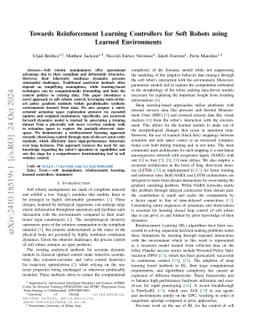 Reinforcement Learning Controllers for Soft Robots using Learned
  Environments