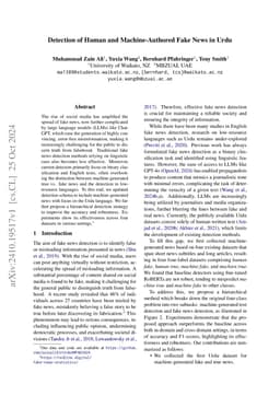 Detection of Human and Machine-Authored Fake News in Urdu