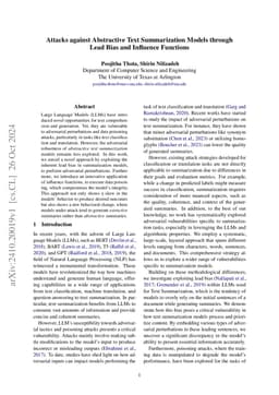 Attacks against Abstractive Text Summarization Models through Lead Bias
  and Influence Functions