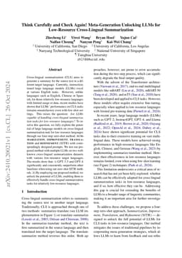 Think Carefully and Check Again! Meta-Generation Unlocking LLMs for Low-Resource Cross-Lingual Summarization