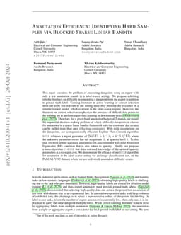 Annotation Efficiency: Identifying Hard Samples via Blocked Sparse
  Linear Bandits