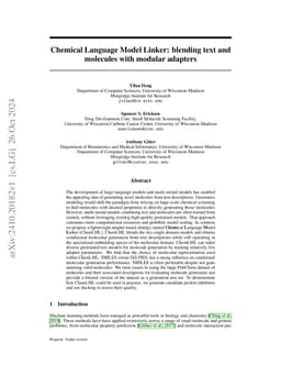 Chemical Language Model Linker: blending text and molecules with modular adapters
