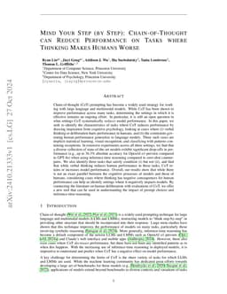 Mind Your Step (by Step): Chain-of-Thought can Reduce Performance on
  Tasks where Thinking Makes Humans Worse
