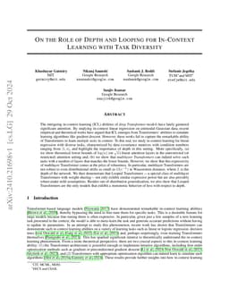 On the Role of Depth and Looping for In-Context Learning with Task
  Diversity