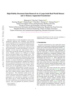 High-Fidelity Document Stain Removal via A Large-Scale Real-World
  Dataset and A Memory-Augmented Transformer