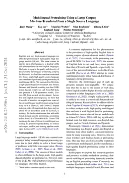 Multilingual Pretraining Using a Large Corpus Machine-Translated from a
  Single Source Language