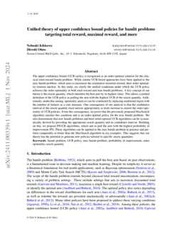 Unified theory of upper confidence bound policies for bandit problems
  targeting total reward, maximal reward, and more