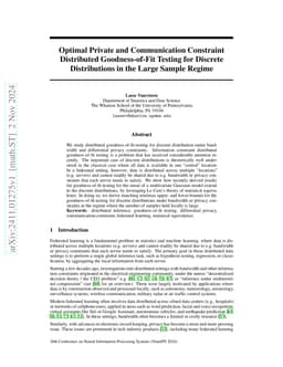 Optimal Private and Communication Constraint Distributed Goodness-of-Fit
  Testing for Discrete Distributions in the Large Sample Regime