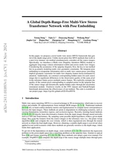 A Global Depth-Range-Free Multi-View Stereo Transformer Network with
  Pose Embedding