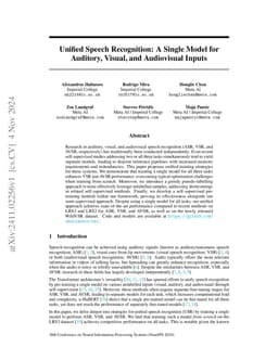 Unified Speech Recognition: A Single Model for Auditory, Visual, and
  Audiovisual Inputs