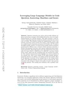 Leveraging Large Language Models in Code Question Answering: Baselines
  and Issues
