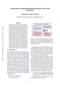 Summarization of Opinionated Political Documents with Varied
  Perspectives