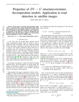 Properties of BV-G structures + textures decomposition models.
  Application to road detection in satellite images