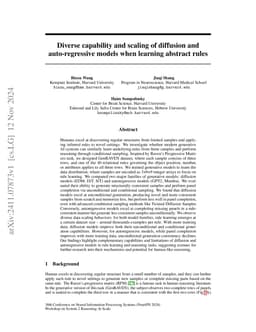 Diverse capability and scaling of diffusion and auto-regressive models
  when learning abstract rules