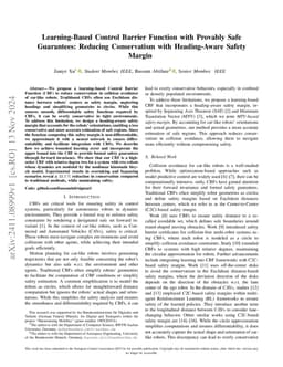 Learning-Based Control Barrier Function with Provably Safe Guarantees:
  Reducing Conservatism with Heading-Aware Safety Margin