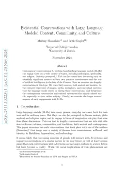 Existential Conversations with Large Language Models: Content,
  Community, and Culture