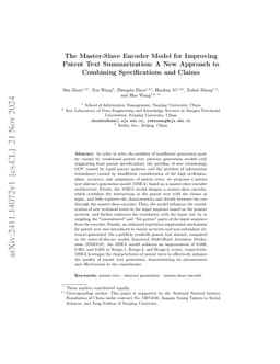 The Master-Slave Encoder Model for Improving Patent Text Summarization:
  A New Approach to Combining Specifications and Claims