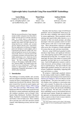 Lightweight Safety Guardrails Using Fine-tuned BERT Embeddings