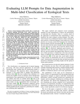 Evaluating LLM Prompts for Data Augmentation in Multi-label
  Classification of Ecological Texts