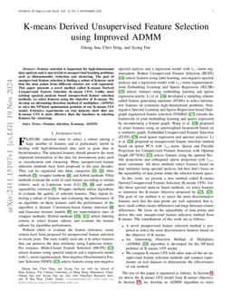 K-means Derived Unsupervised Feature Selection using Improved ADMM