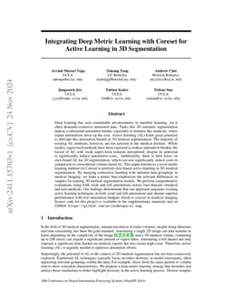 Integrating Deep Metric Learning with Coreset for Active Learning in 3D
  Segmentation