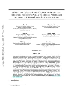 Video-Text Dataset Construction from Multi-AI Feedback: Promoting
  Weak-to-Strong Preference Learning for Video Large Language Models