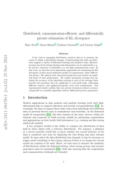Distributed, communication-efficient, and differentially private
  estimation of KL divergence