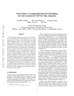 Words Matter: Leveraging Individual Text Embeddings for Code Generation in CLIP Test-Time Adaptation