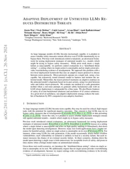 Adaptive Deployment of Untrusted LLMs Reduces Distributed Threats