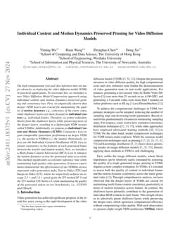 Individual Content and Motion Dynamics Preserved Pruning for Video
  Diffusion Models