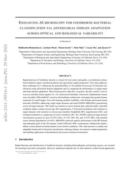 Enhancing AI microscopy for foodborne bacterial classification via
  adversarial domain adaptation across optical and biological variability