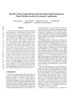 MonoPP: Metric-Scaled Self-Supervised Monocular Depth Estimation by
  Planar-Parallax Geometry in Automotive Applications