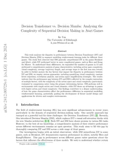 Decision Transformer vs. Decision Mamba: Analysing the Complexity of
  Sequential Decision Making in Atari Games