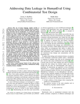 Addressing Data Leakage in HumanEval Using Combinatorial Test Design