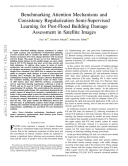 Benchmarking Attention Mechanisms and Consistency Regularization
  Semi-Supervised Learning for Post-Flood Building Damage Assessment in
  Satellite Images