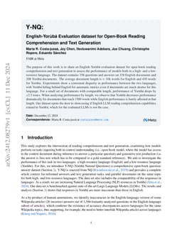 Y-NQ: English-Yorùbá Evaluation dataset for Open-Book Reading
  Comprehension and Text Generation