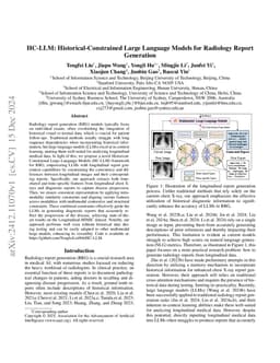 HC-LLM: Historical-Constrained Large Language Models for Radiology
  Report Generation