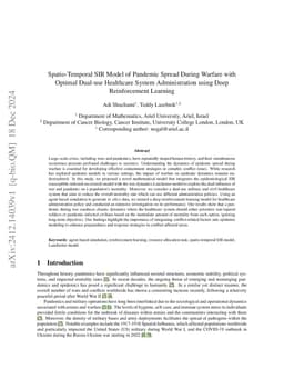 Spatio-Temporal SIR Model of Pandemic Spread During Warfare with Optimal
  Dual-use Healthcare System Administration using Deep Reinforcement Learning