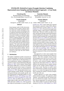 STAYKATE: Hybrid In-Context Example Selection Combining Representativeness Sampling and Retrieval-based Approach -- A Case Study on Science Domains